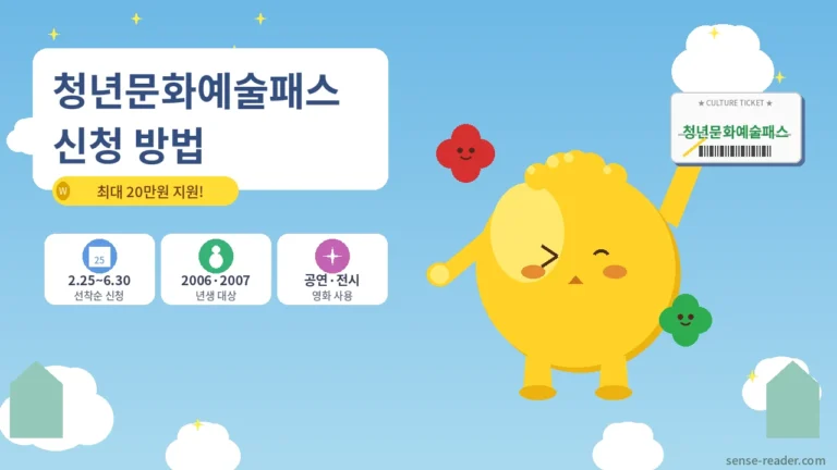 청년문화예술패스 신청방법 썸네일 — 노란 병아리 캐릭터가 문화티켓을 들고 있는 귀여운 일러스트, 최대 20만원 지원